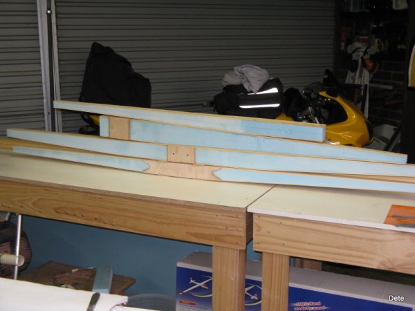 Fin and stabiliser spar's glued and stacked.