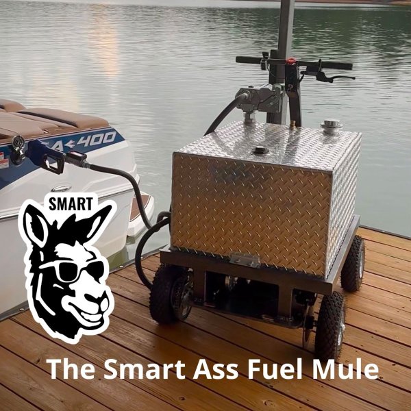 Smart Ass Fuel Mule Gas Caddy on the dock filling a Supra SA400